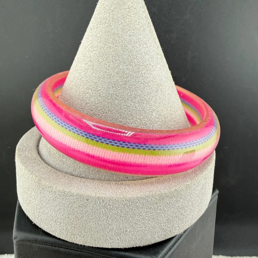 Vintage Bangle Bracelet Pink Striped Fabric Inlay Acrylic Retro 80s 8.5